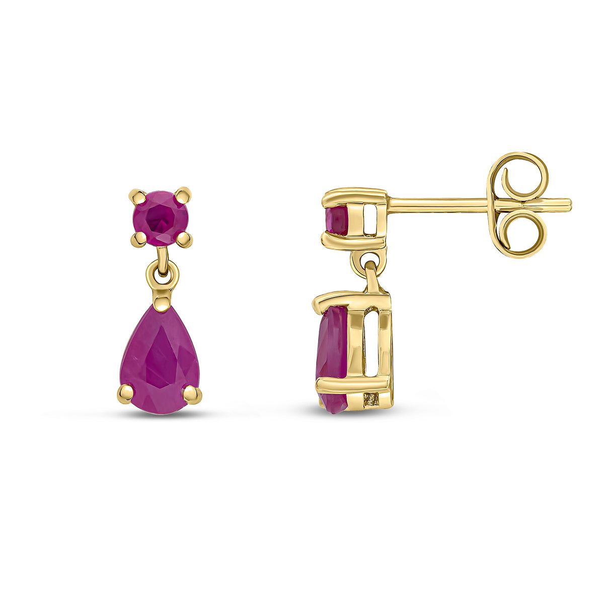 9CT YG ROUND AND PEARSHAPE RUBY 2ST CLAW SET DROP EARRINGS