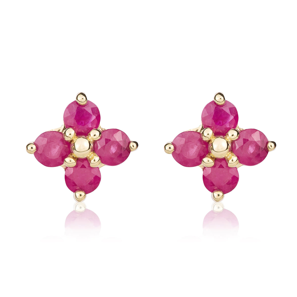 9CT YG ROUND RUBY QUATREFOIL CLAW EARRINGS