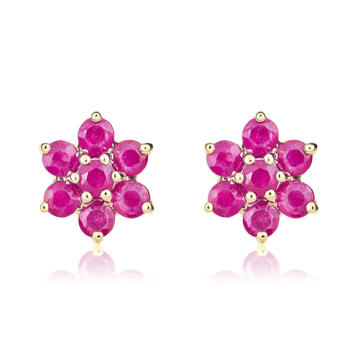 9CT YELLOW GOLD ROUND RUBY 6X1 CLAW CLUSTER EARRINGS