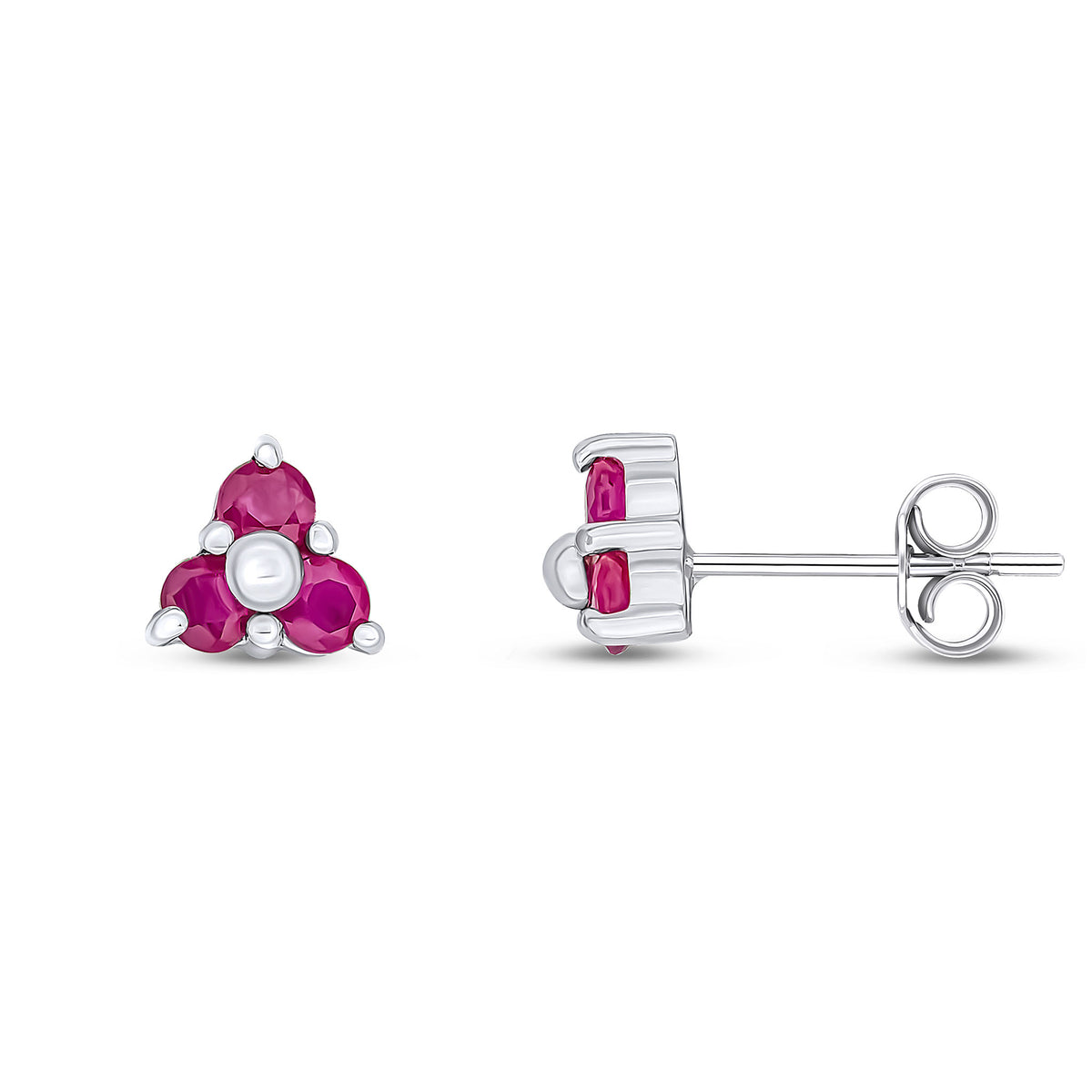 9CT WG ROUND RUBY CLAW SET TREFOIL EARRINGS
