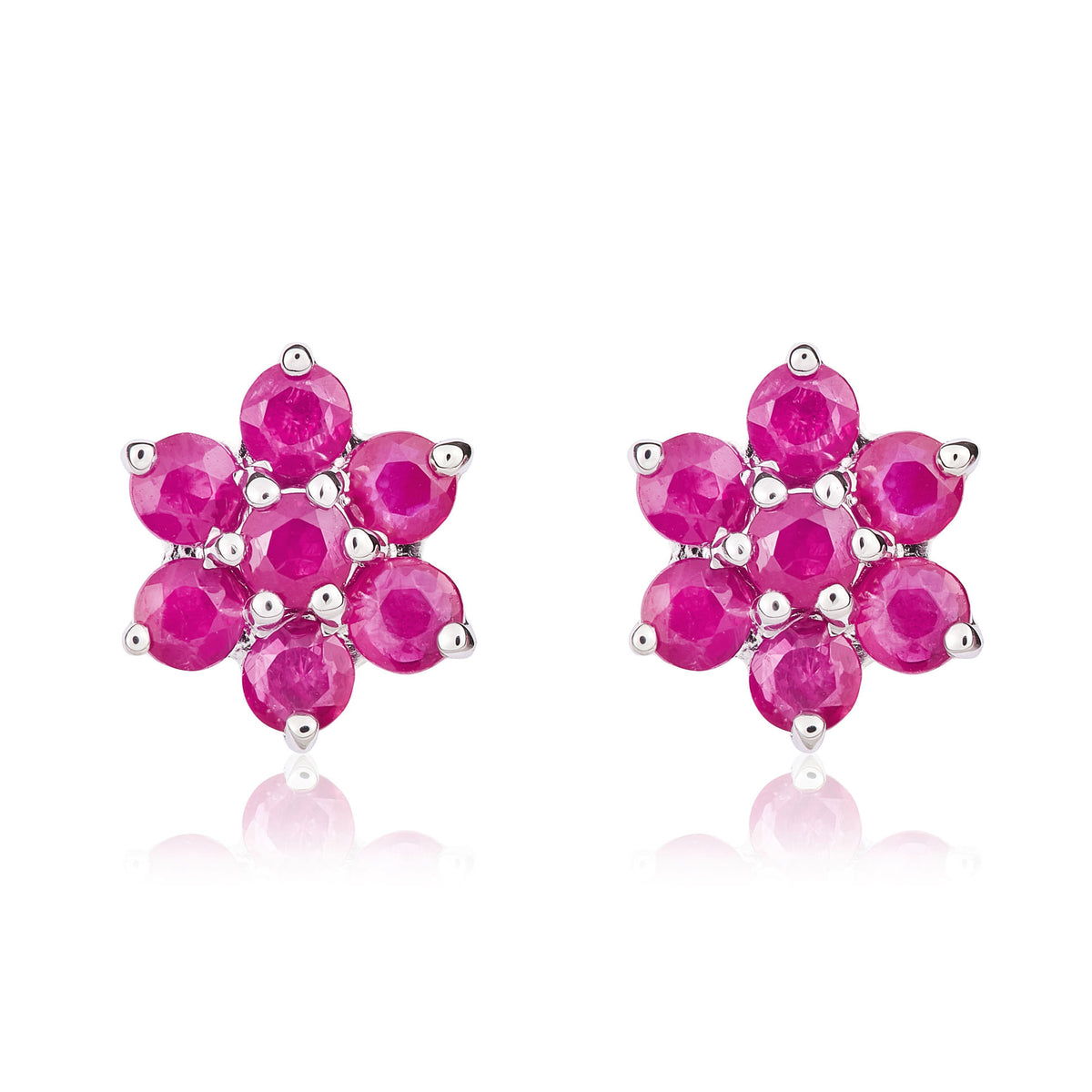 9CT WHITE GOLD ROUND RUBY 6X1 CLAW CLUSTER EARRINGS