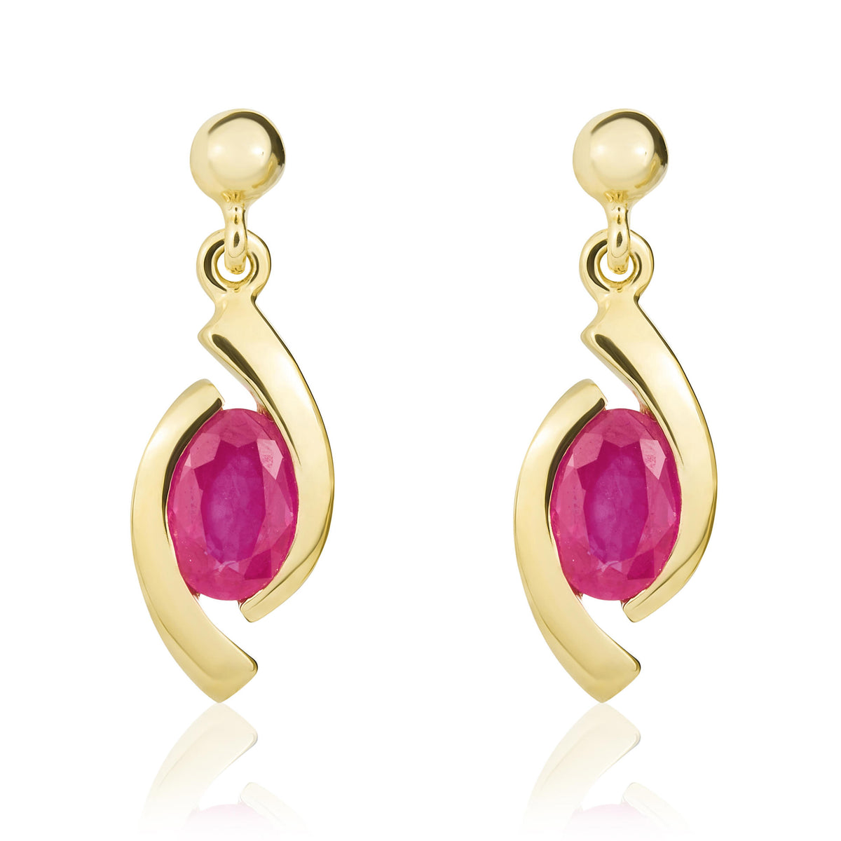9CT YG 6X4 OVAL RUBY 'EYE' DROP EARRINGS WITH 3MM BEAD TOP