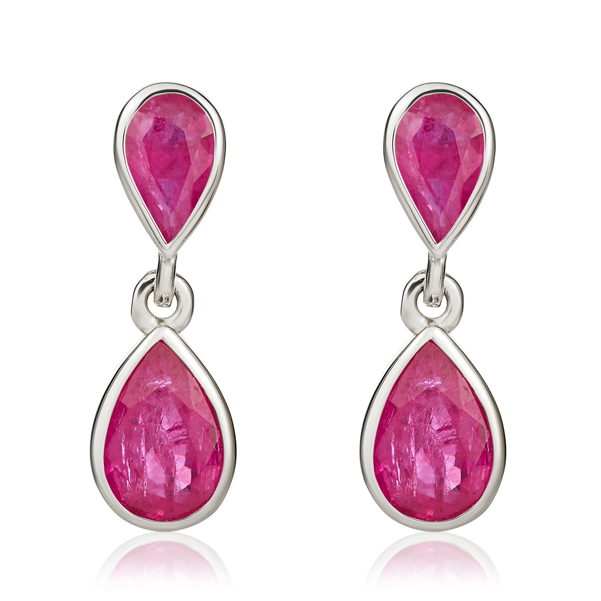 9CT WG PEARSHAPE RUBY 2 STONE RUBOVER DROP EARRINGS