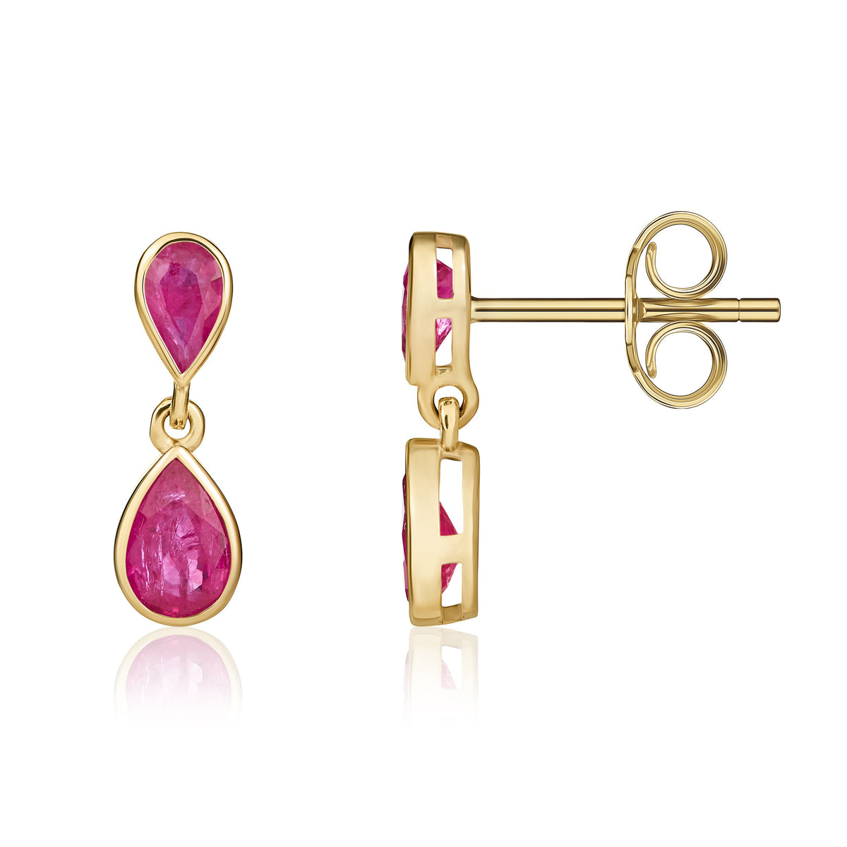 9CT YG PEARSHAPE RUBY 2 STONE RUBOVER DROP EARRINGS