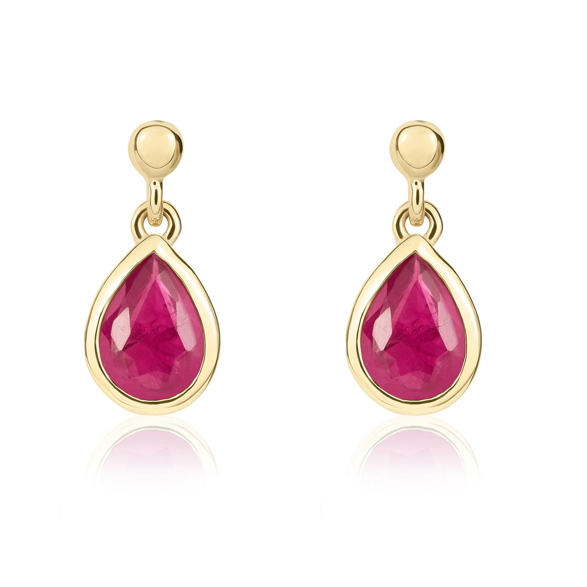 9CT YG 6X4MM PEARSHAPE RUBY RUBOVER DROP EARRINGS WITH 2.5MM BEAD TOP