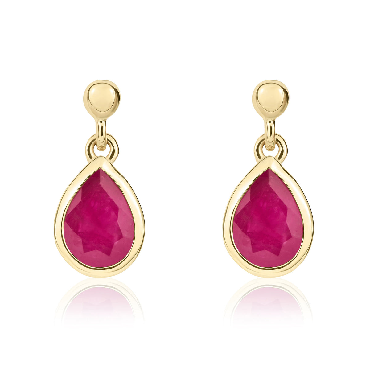 9CT YG 7X5 PEARSHAPE RUBY RUBOVER DROP EARRINGS WITH BEAD TOP