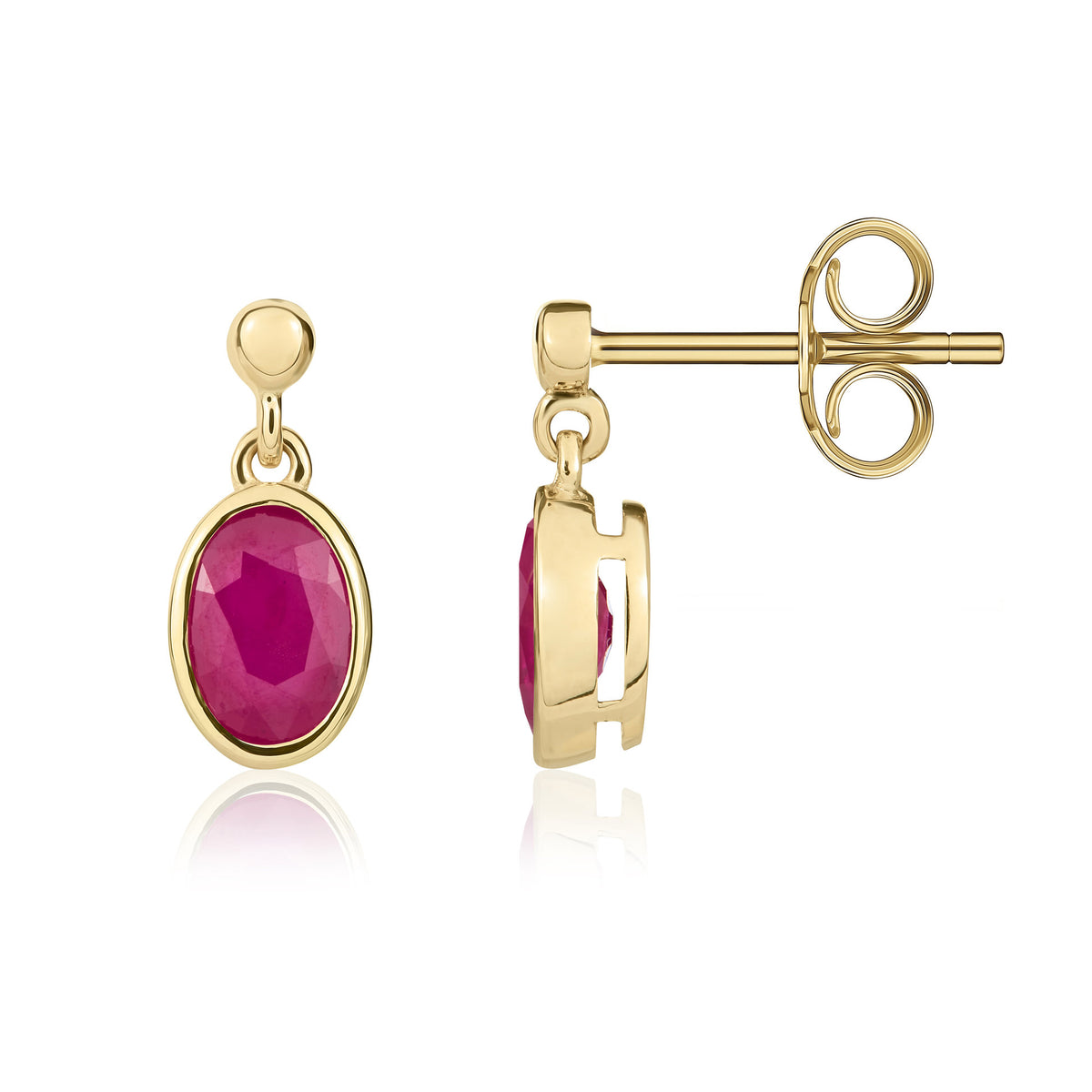 9CT YG 6X4 OVAL RUBY RUBOVER DROP EARRINGS WITH 2.5MM BEAD TOP