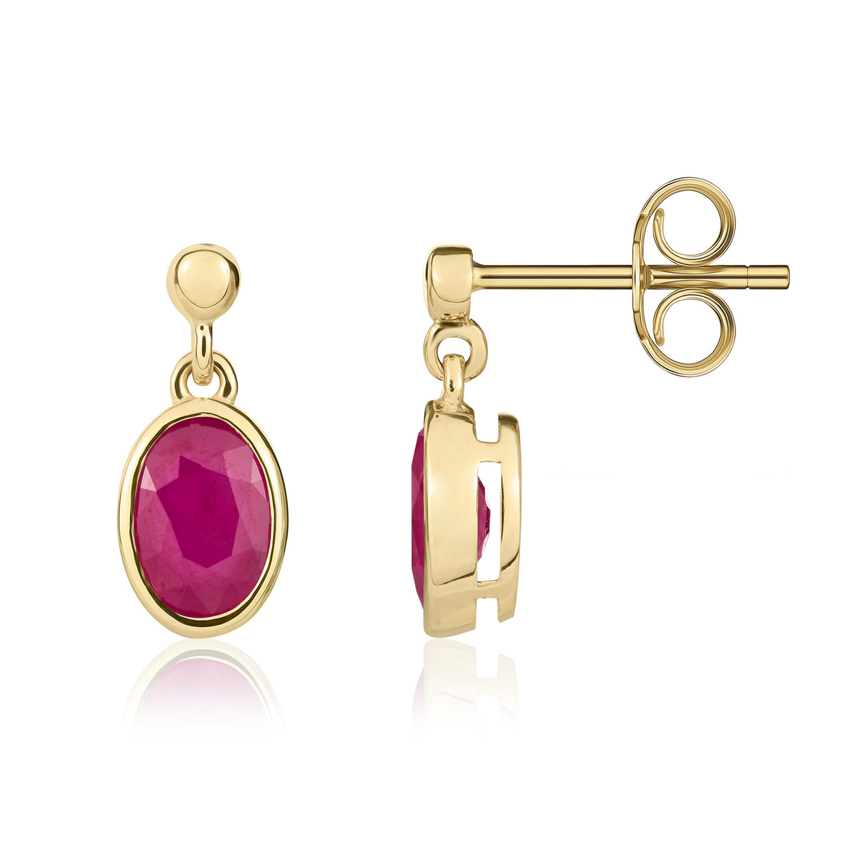 9CT YG 7X5MM OVAL RUBY RUBOVER DROP EARRINGS WITH BEAD TOP