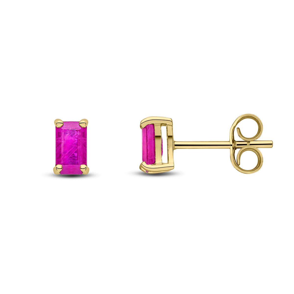9CT YG 5X3 OCTAGON RUBY CLAW SET EARRINGS