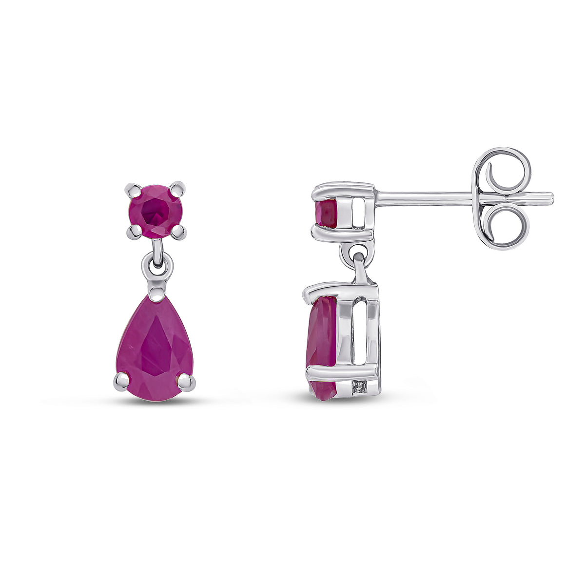 9CT WG ROUND AND PEARSHAPE RUBY 2ST CLAW SET DROP EARRINGS