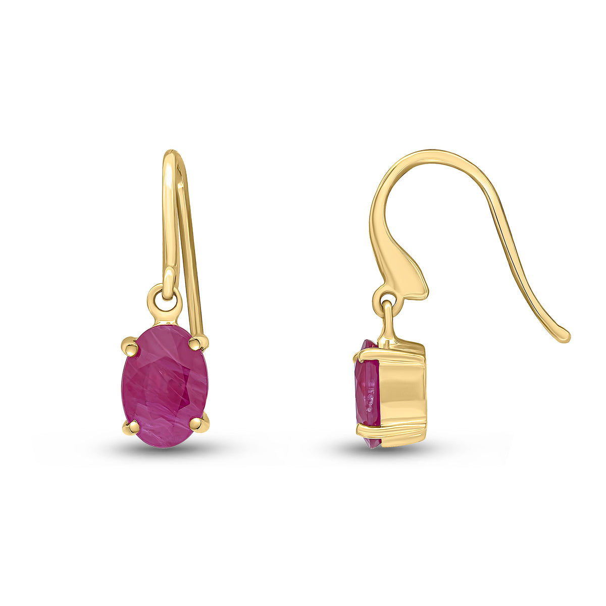 9CT YG 7X5 OVAL RUBY CLAW SET DROP EARRINGS WITH HOOK WIRE FITTING