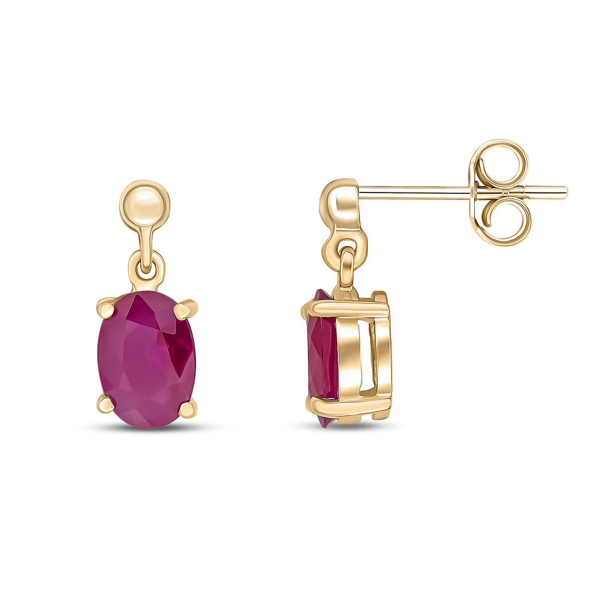 9CT YG 7X5 OVAL RUBY CLAW SET DROP EARRINGS WITH BEAD TOP