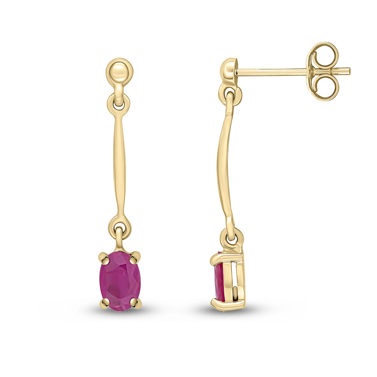 9CT YG CLAW SET 6X4MM OVAL RUBY AND BAR DROP EARRINGS