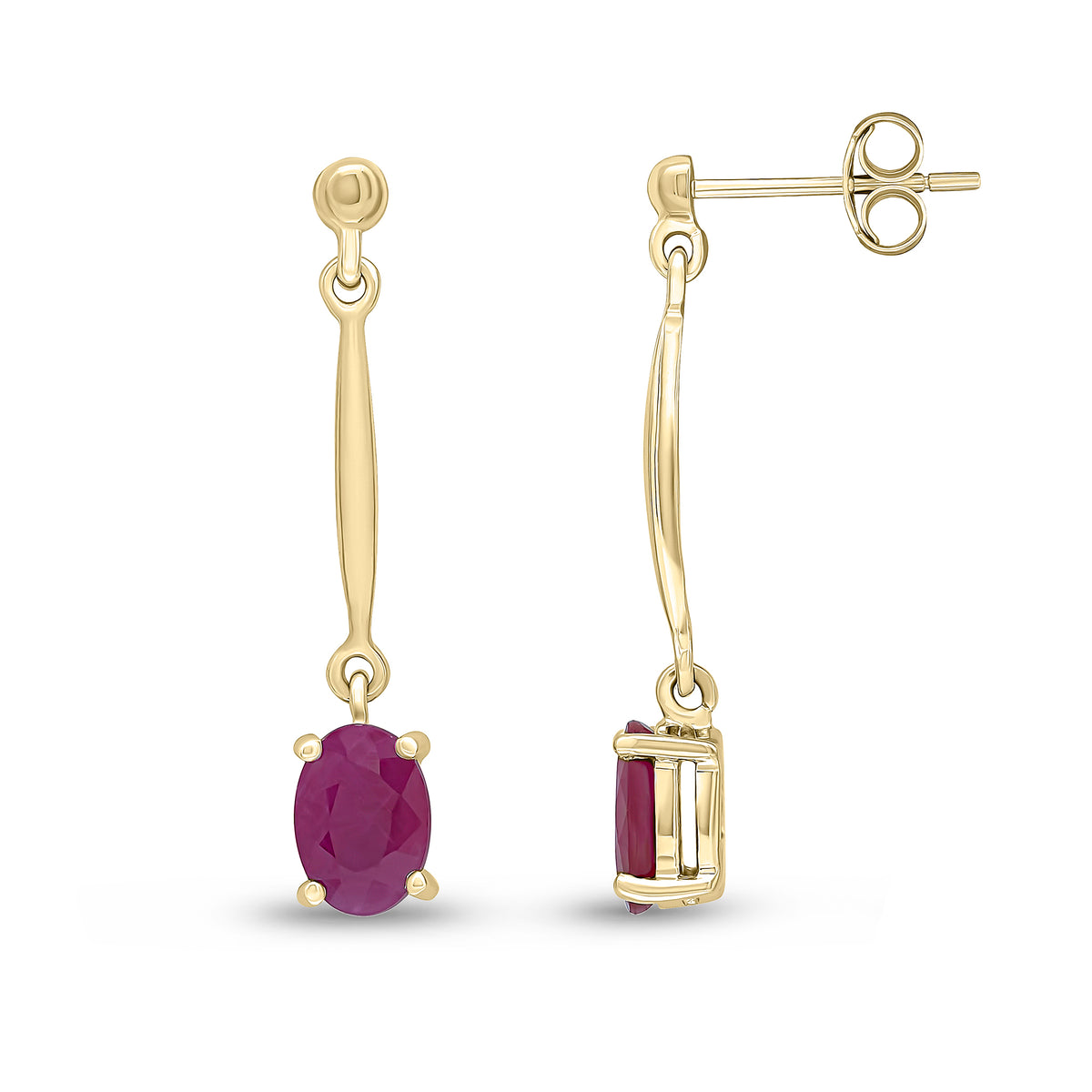 9CT YG 7X5MM OVAL RUBY AND BAR DROP EARRINGS WITH BEAD TOP
