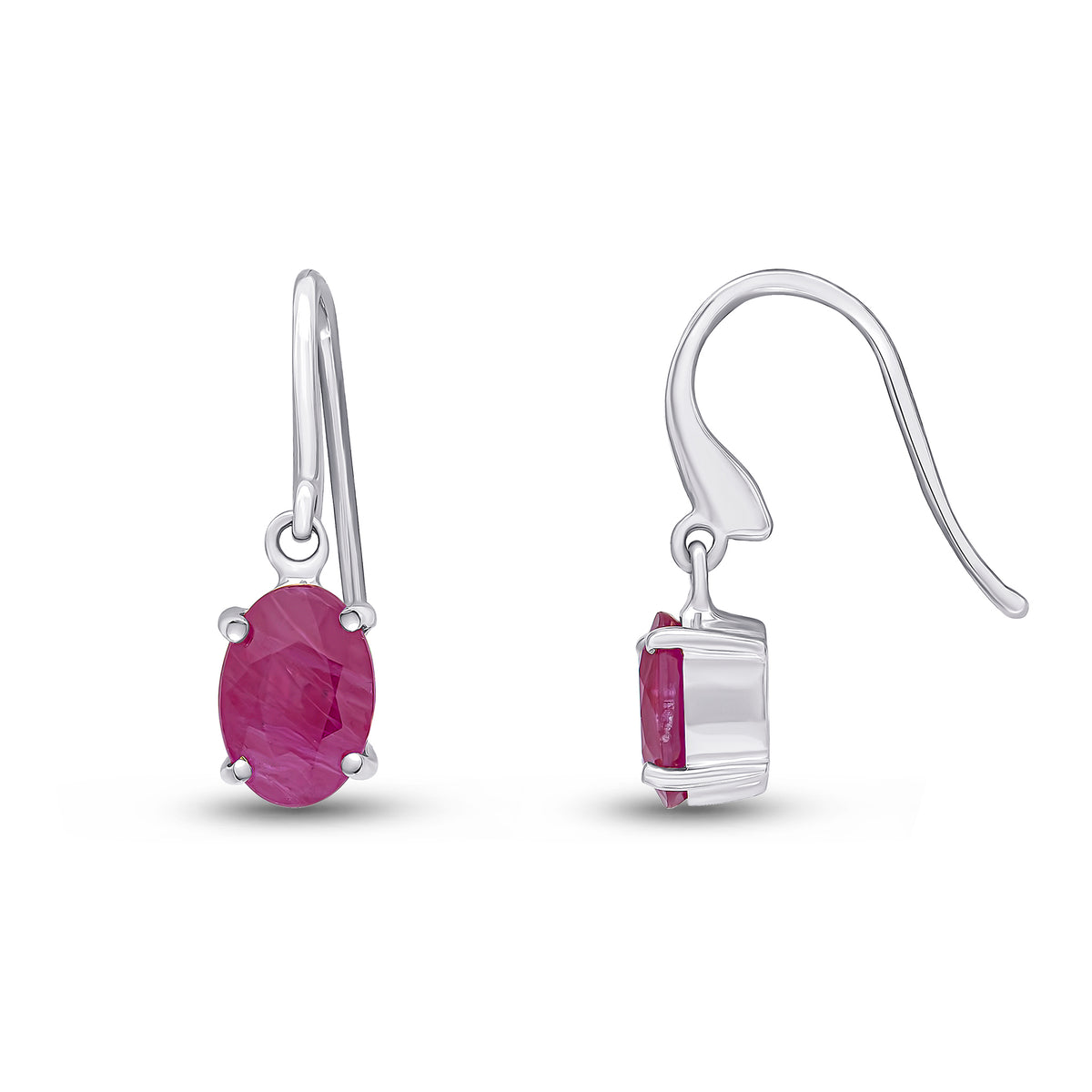 9CT WG 7X5 OVAL RUBY CLAW SET DROP EARRINGS WITH HOOK WIRE FITTING