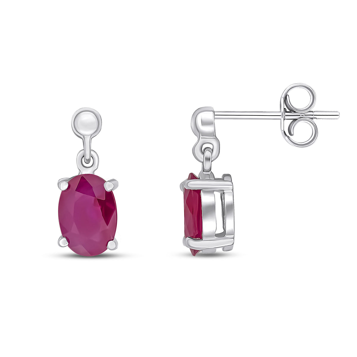9CT WG 7X5 OVAL RUBY CLAW SET DROP EARRINGS WITH BEAD TOP
