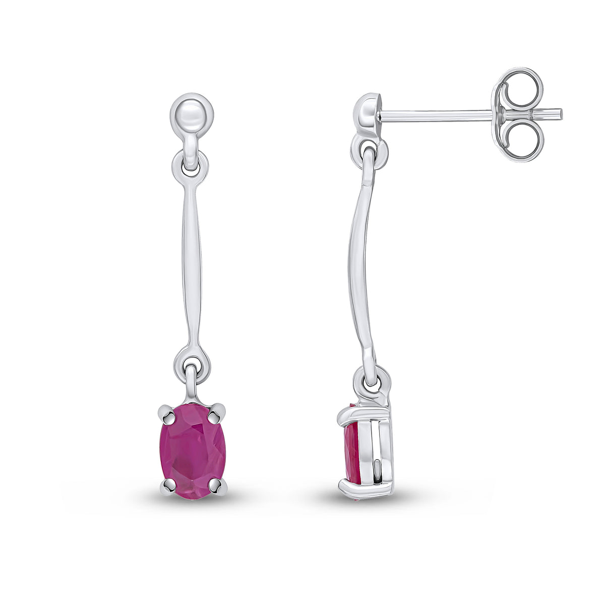 9CT WG CLAW SET 6X4MM OVAL RUBY AND BAR DROP EARRINGS