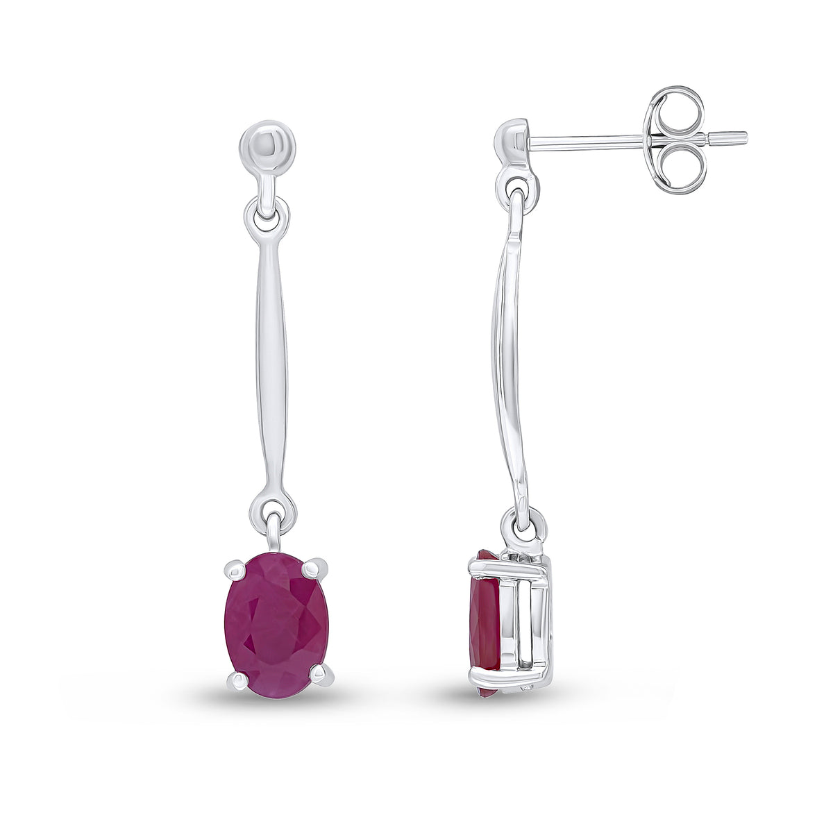 9CT WG 7X5MM OVAL RUBY AND BAR DROP EARRINGS WITH BEAD TOP