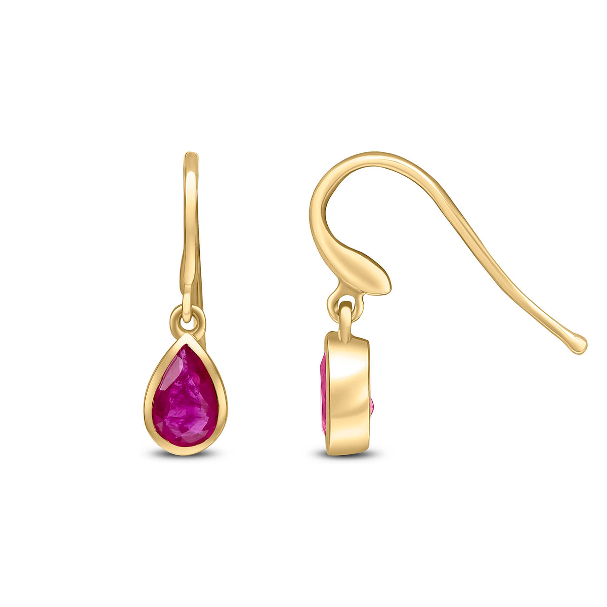 9CT YG 6X4 PEARSHAPE RUBY RUBOVER DROP EARRINGS. HOOK WIRE FITTING