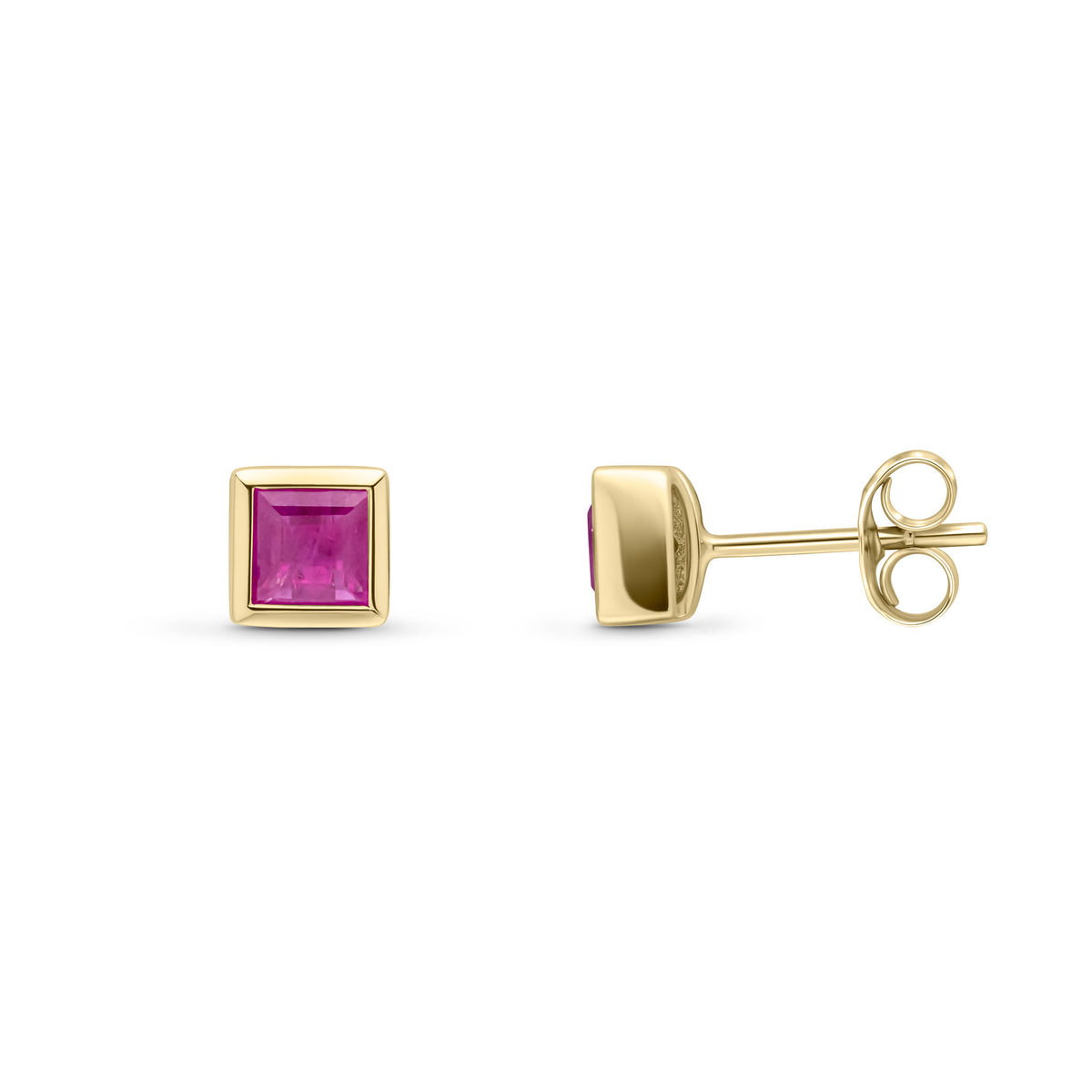 9CT YG 4MM SQUARE RUBY RUBOVER SET EARRINGS