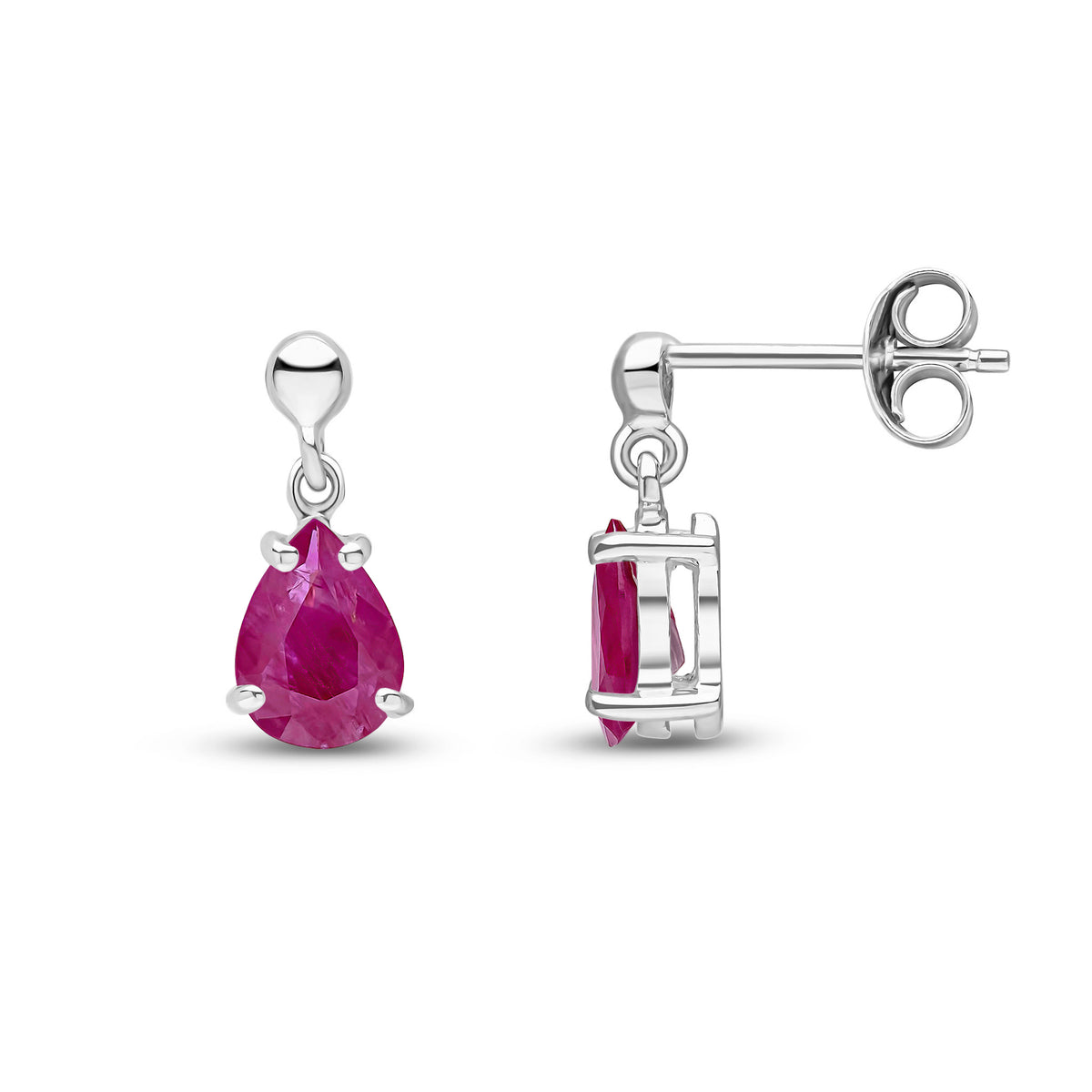 9CT WG 7X5 PEARSHAPE RUBY CLAW SET DROP EARRINGS WITH BEAD TOP