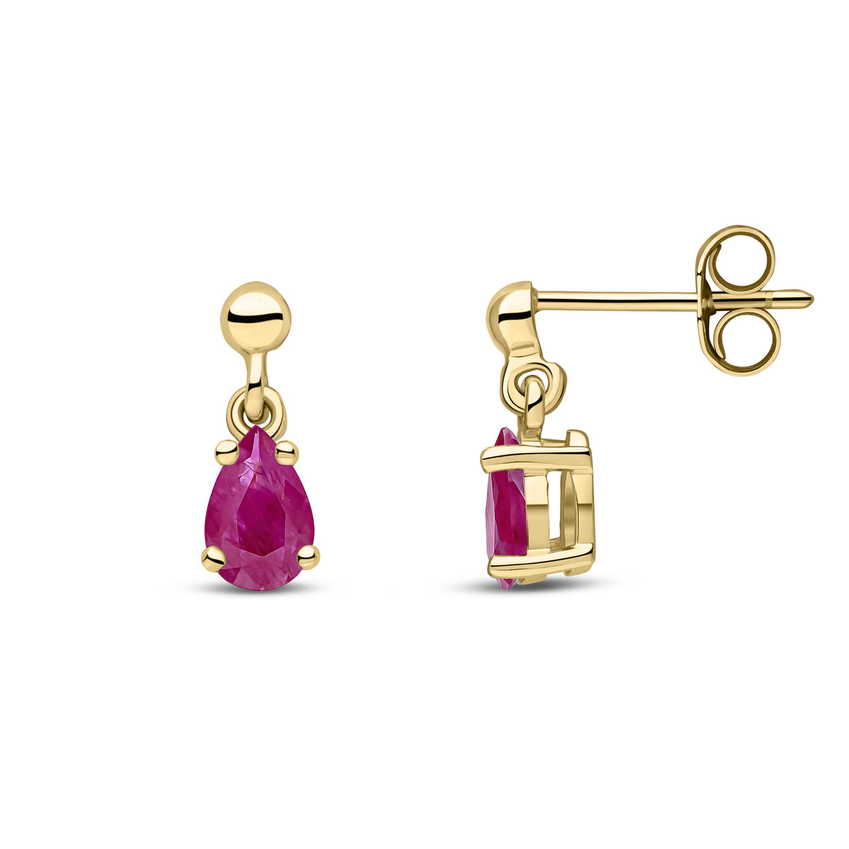 9CT YG 6X4 PEARSHAPE RUBY CLAW SET DROP EARRINGS WITH BEAD STUD TOP