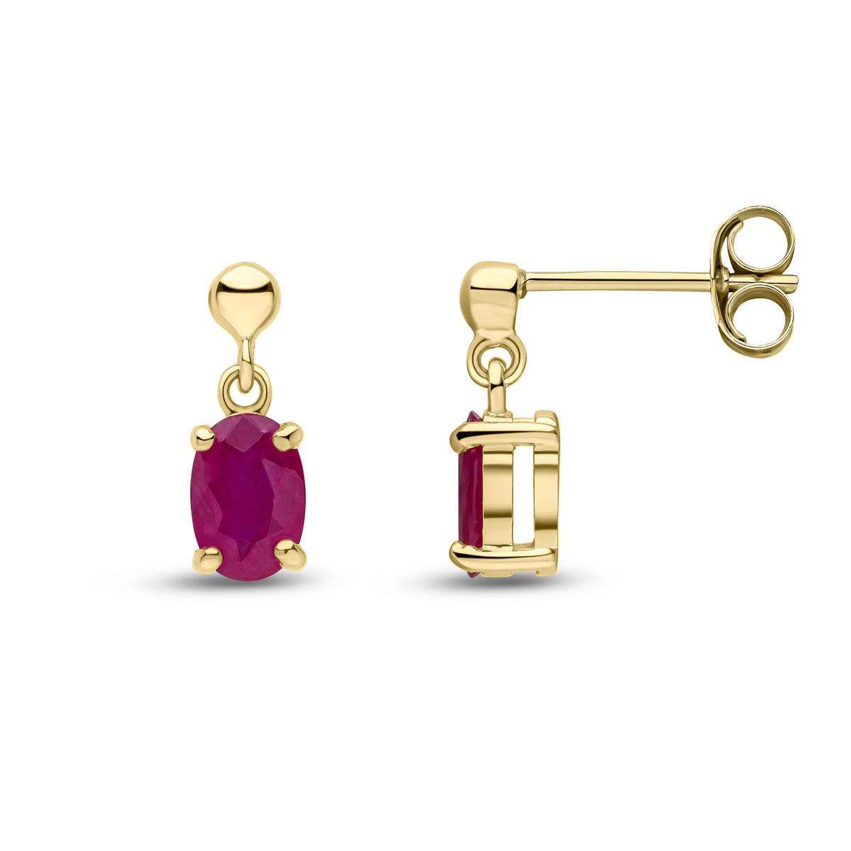 9CT YG 6X4 OVAL RUBY CLAW SET DROP EARRINGS WITH BEAD TOP