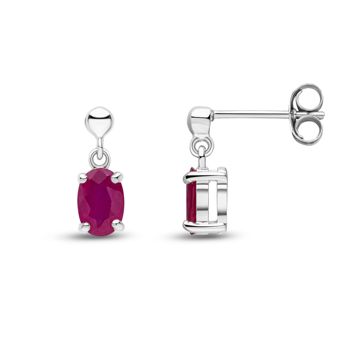 9CT WG 6X4 OVAL RUBY CLAW SET DROP EARRINGS WITH BEAD TOP