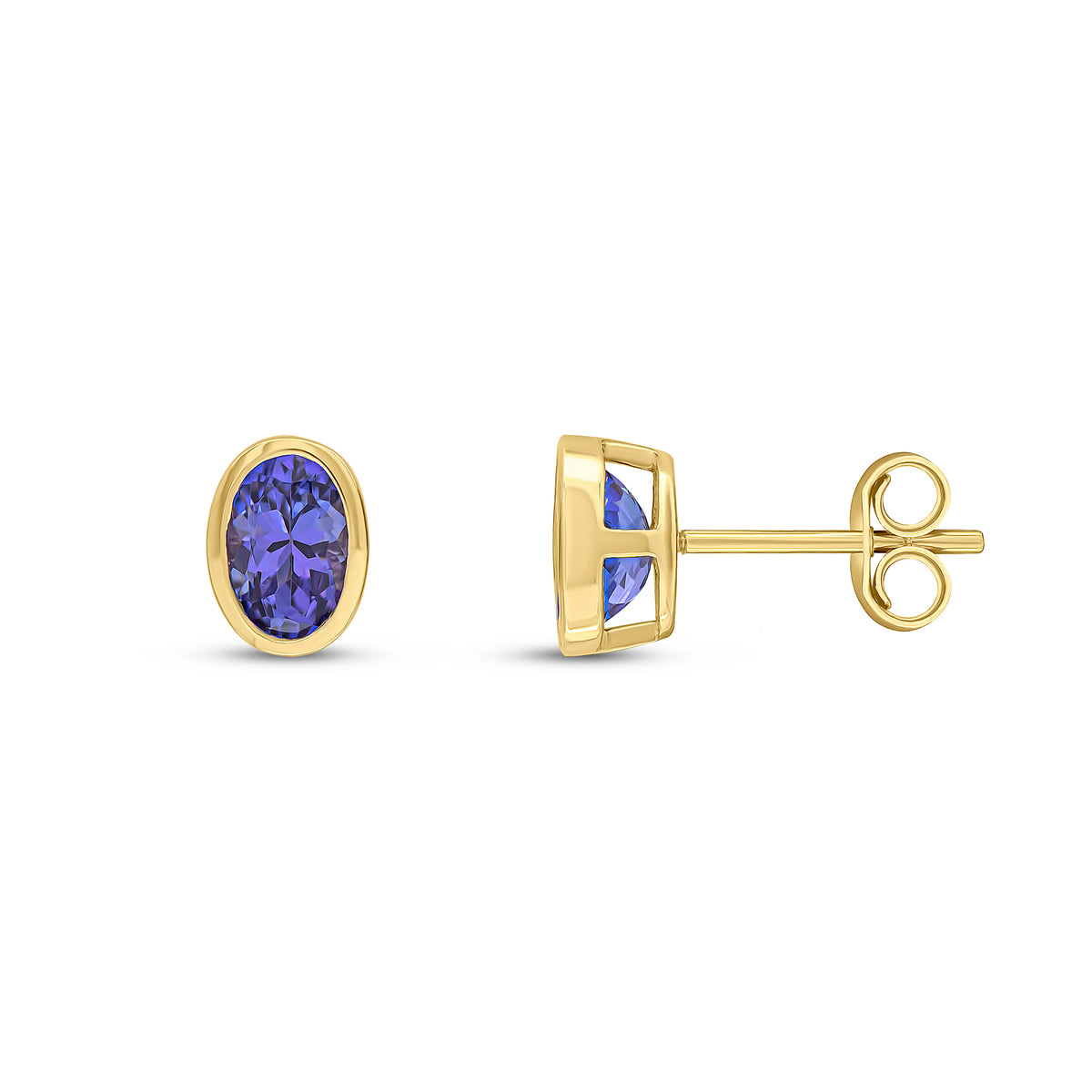 9CT YG 6X4 OVAL TANZANITE RUBOVER STUD EARRINGS