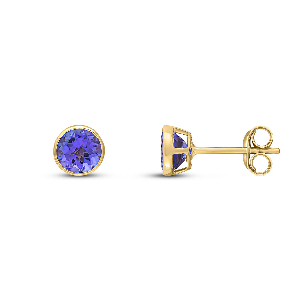 9CT YG 5MM ROUND TANZANITE RUBOVER STUD EARRINGS