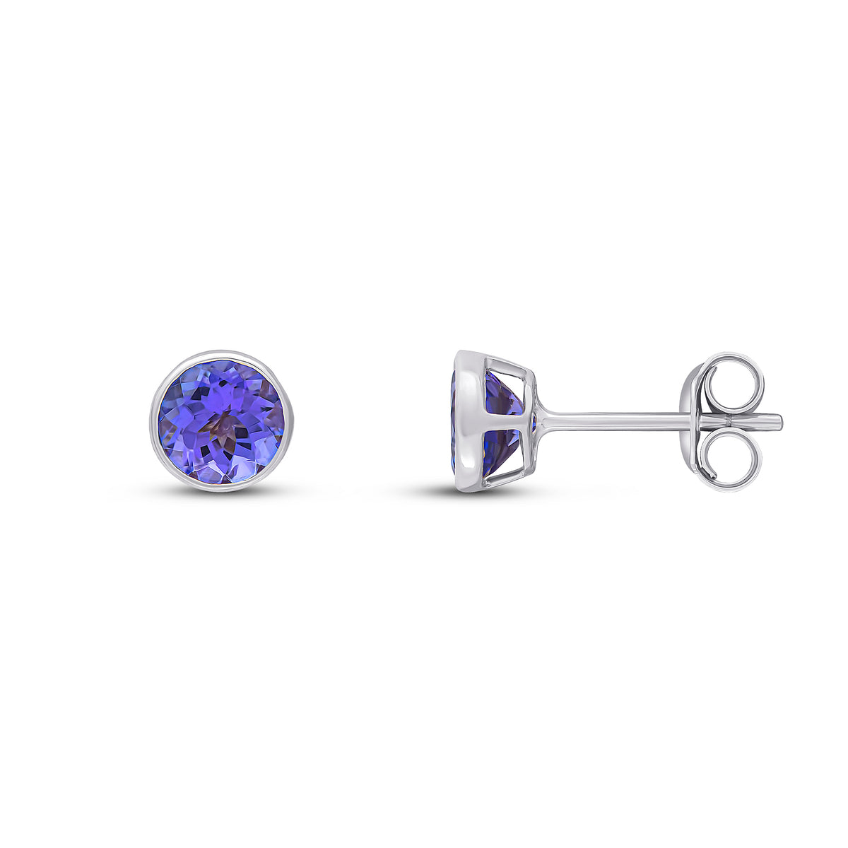 9CT WG 5MM ROUND TANZANITE RUBOVER STUD EARRINGS