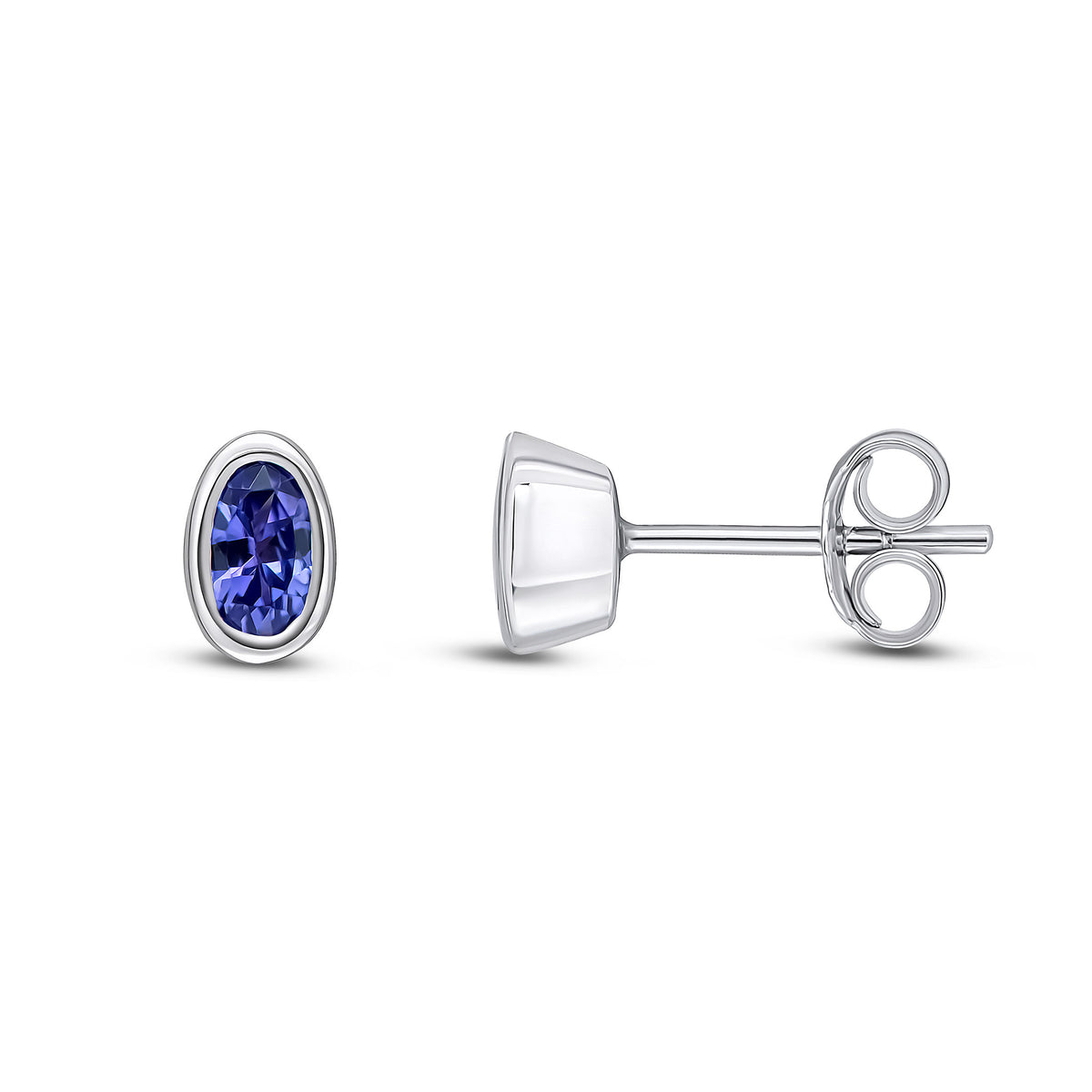9CT WG 5X3MM OVAL TANZANITE RUBOVER STUD EARRINGS