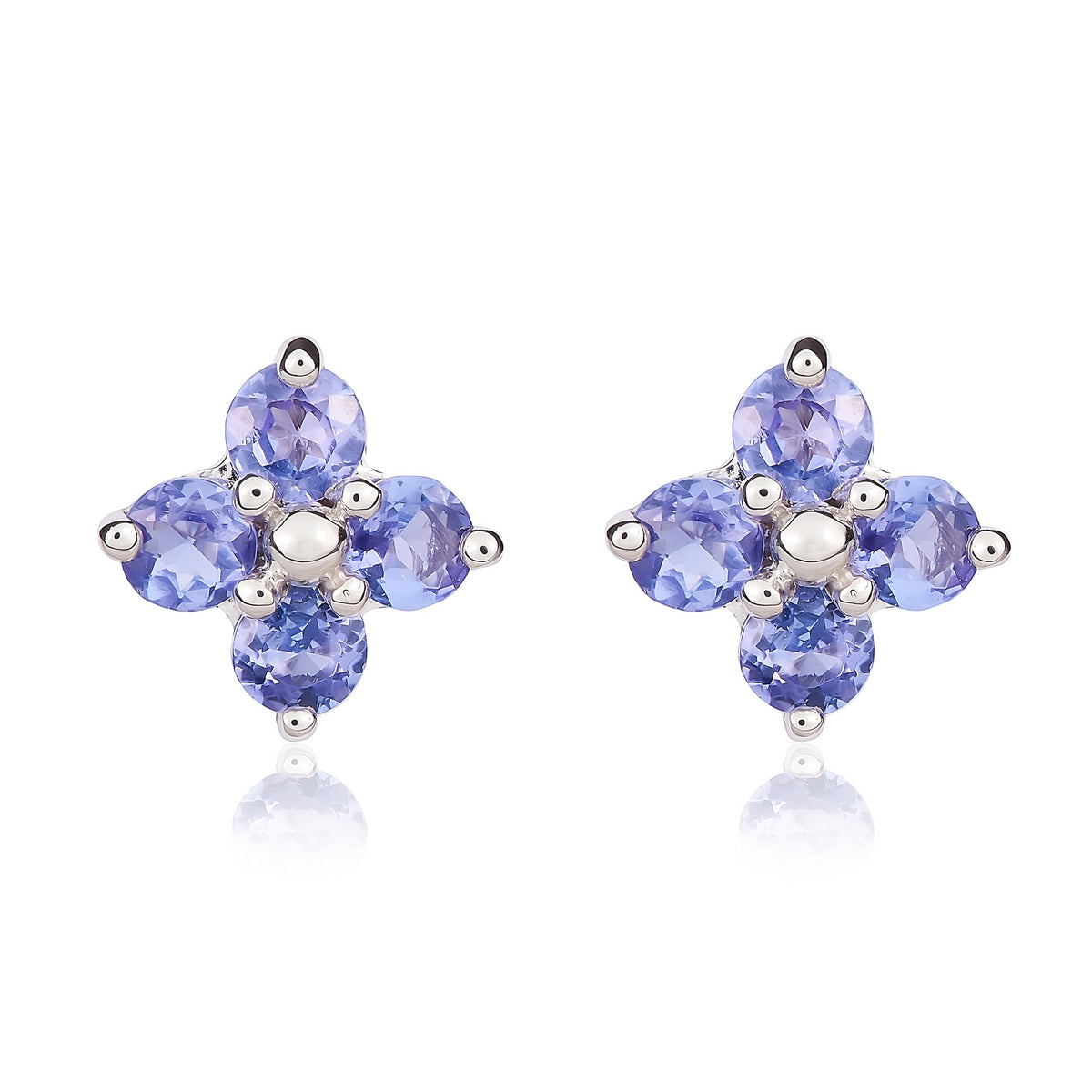 9CT WG ROUND TANZANITE QUATREFOIL CLAW EARRINGS