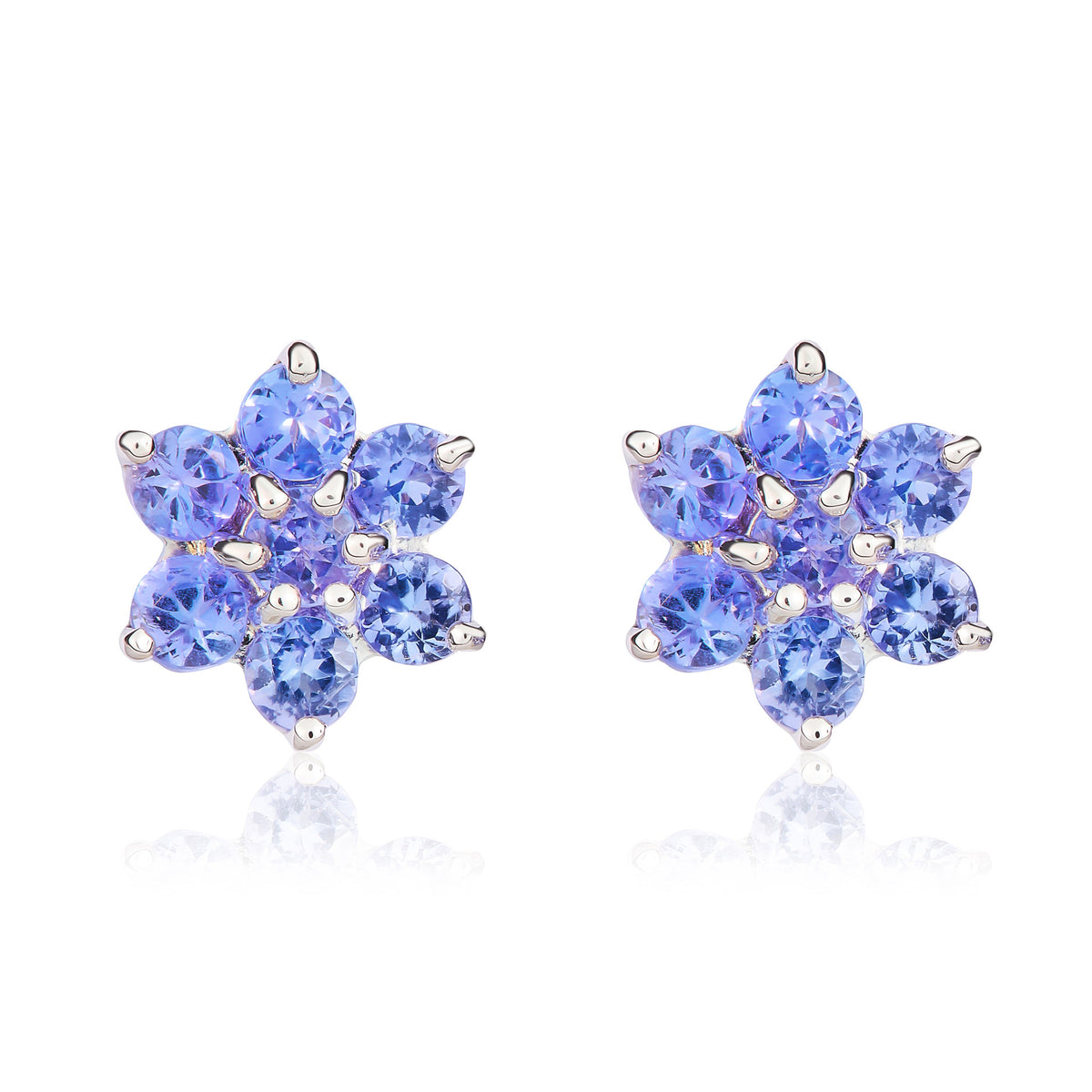 9CT WHITE GOLD ROUND TANZANITE 6X1 CLAW CLUSTER EARRINGS