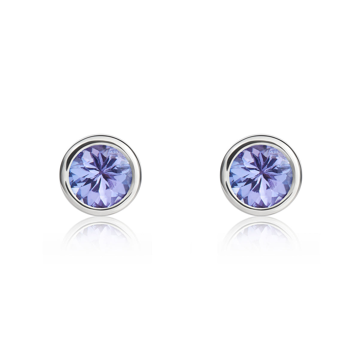 9CT WG 4MM ROUND TANZANITE RUBOVER STUD EARRINGS