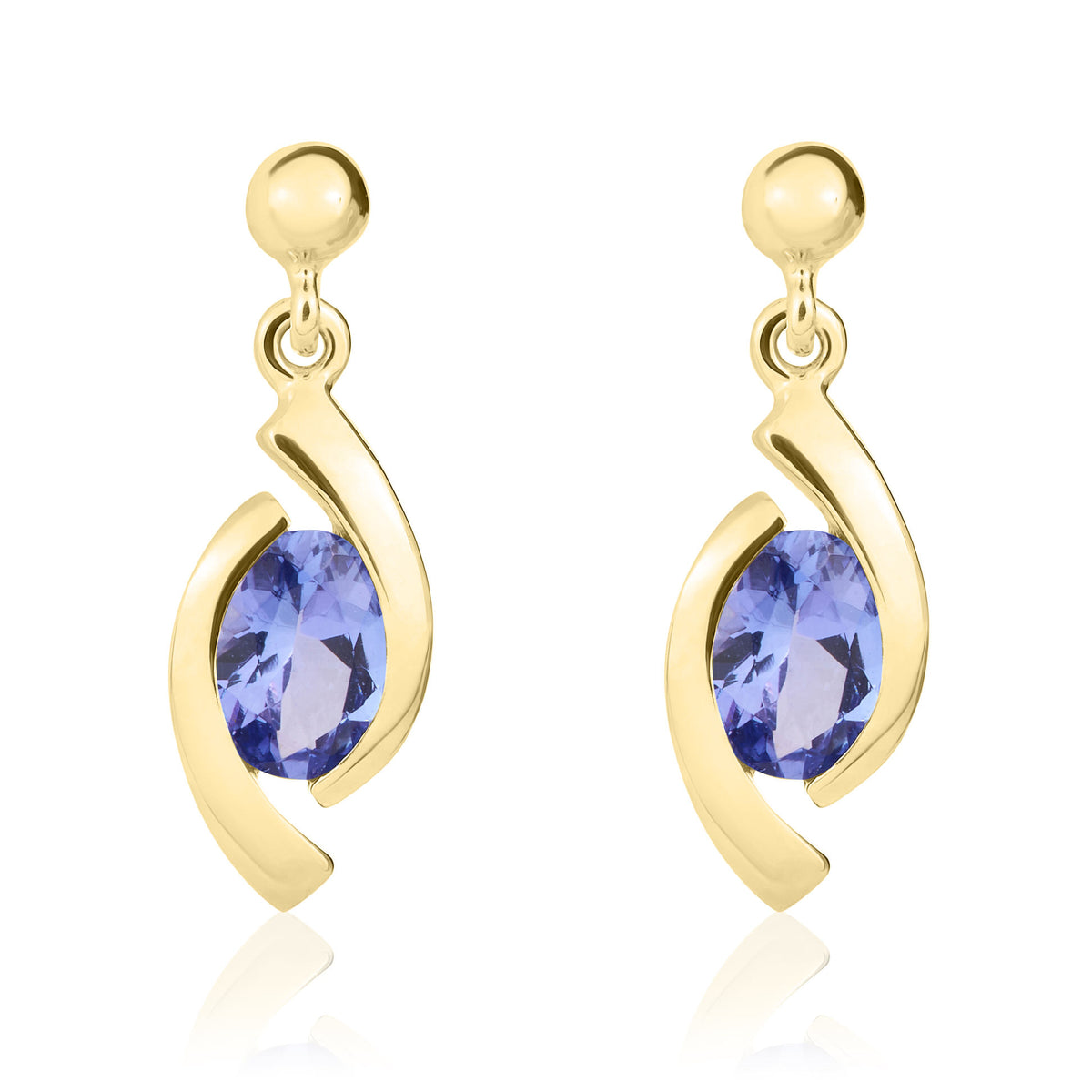9CT YG OVAL TANZANITE 'EYE' DROP EARRINGS WITH 3MM BEAD TOP