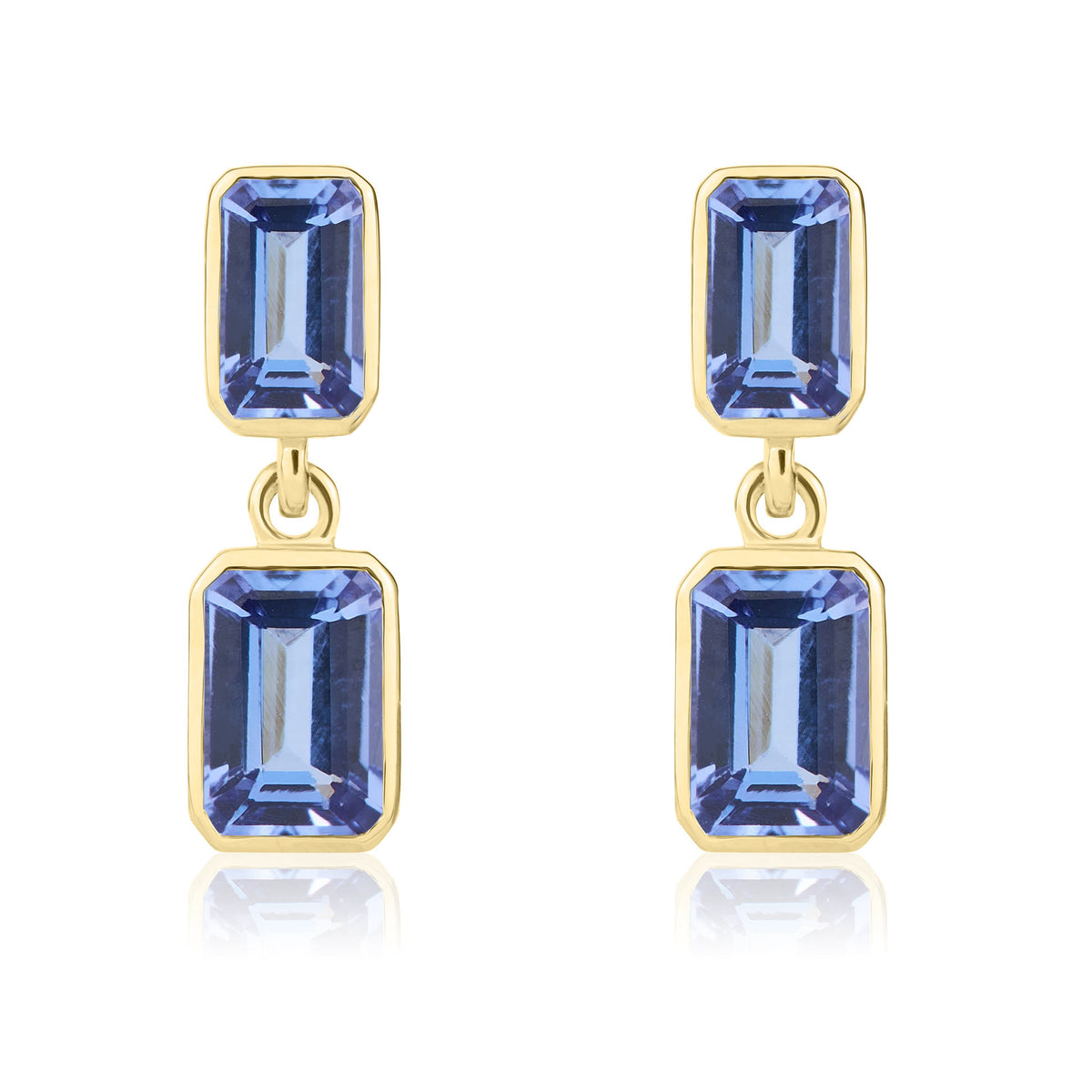 9CT YG OCTAGON TANZANITE 2ST RUBOVER DROP EARRINGS