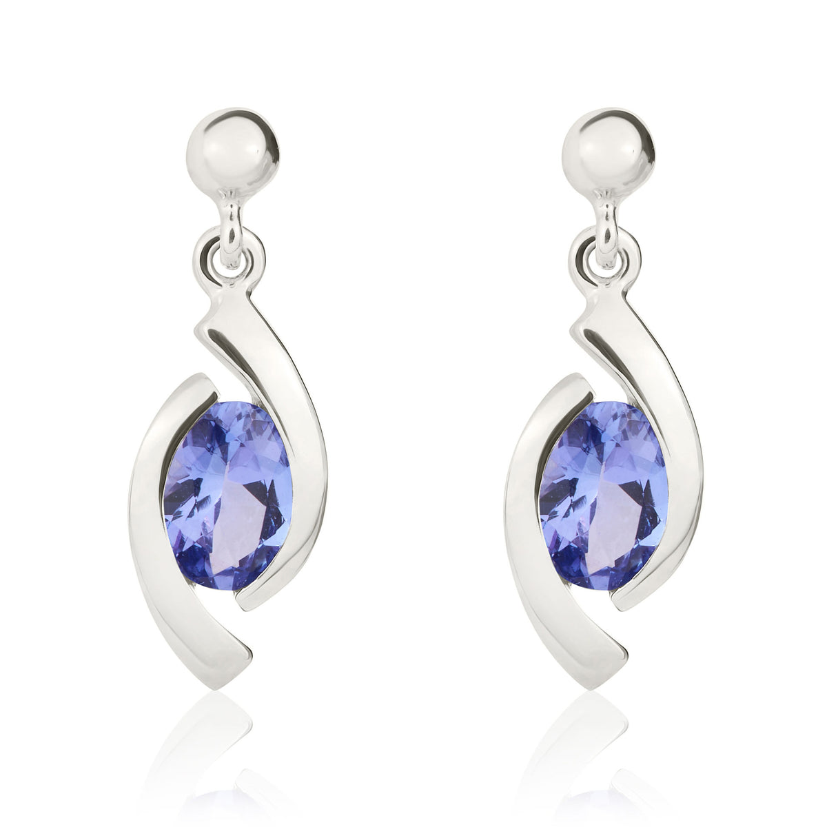 9CT WHITE GOLD OVAL TANZANITE 'EYE' DROP EARRINGS WITH 3MM BEAD TOP