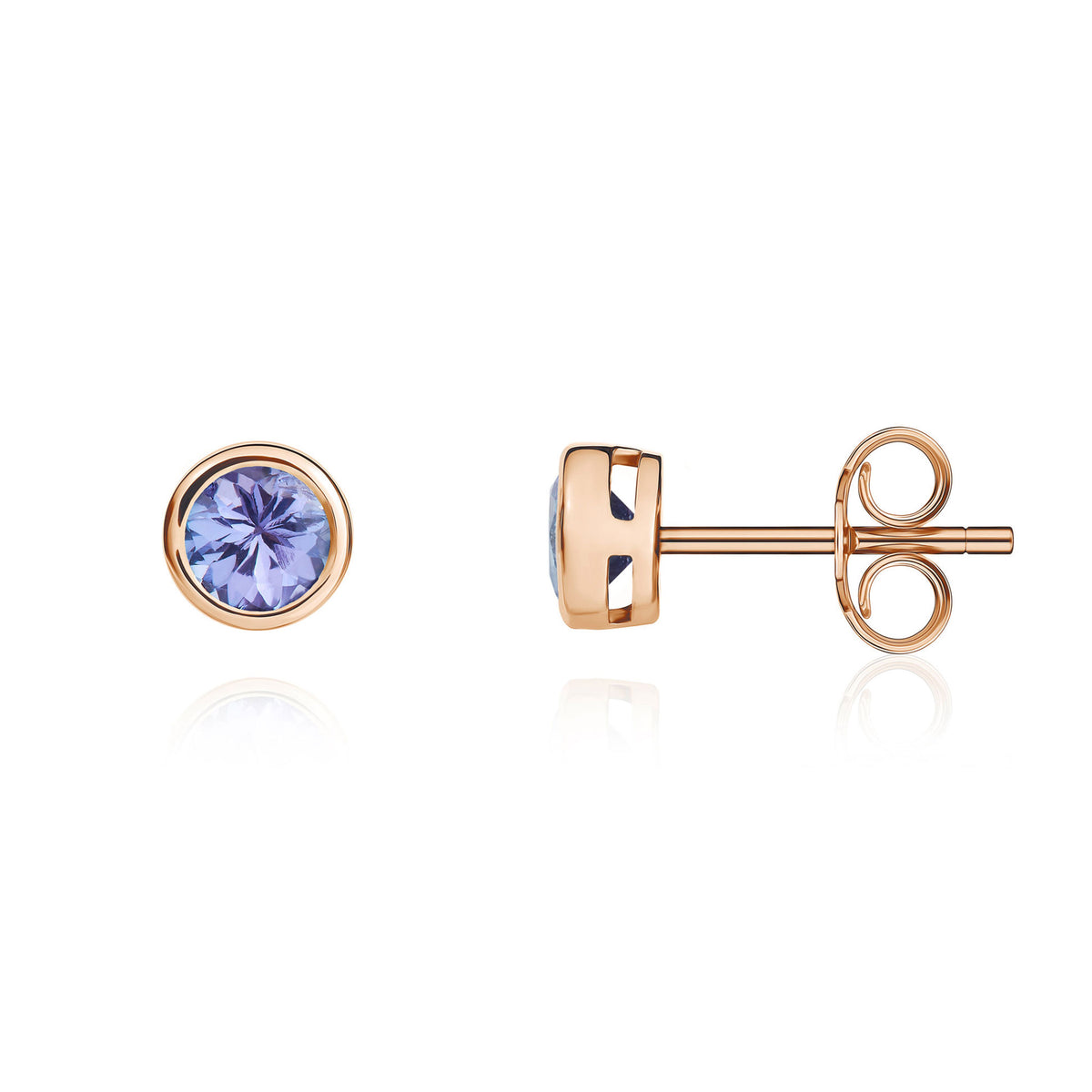 9CT RG 4MM ROUND TANZANITE RUBOVER STUD EARRINGS