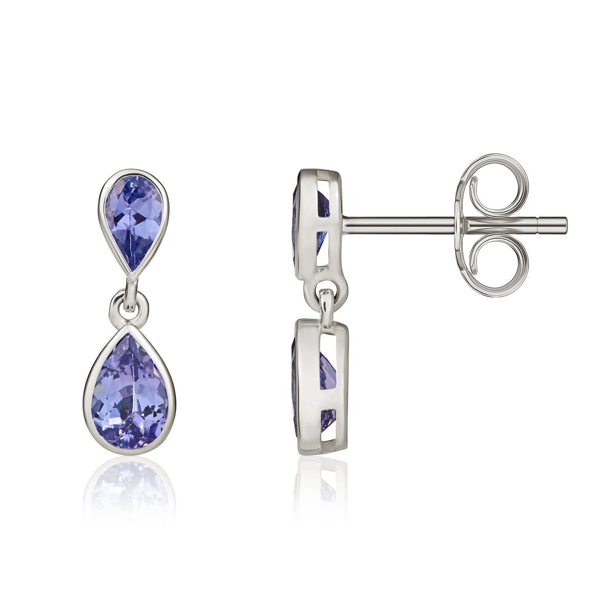 9CT WG PEARSHAPE TANZANITE 2 STONE RUBOVER DROP EARRINGS