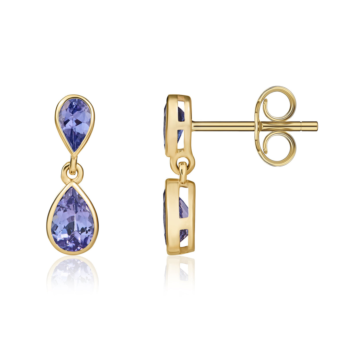 9CT YG PEARSHAPE TANZANITE 2 STONE RUBOVER DROP EARRINGS