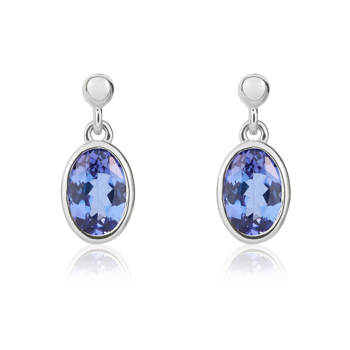 9CT WG 6X4 OVAL TANZANITE RUBOVER DROP EARRINGS WITH 2.5MM BEAD TOP