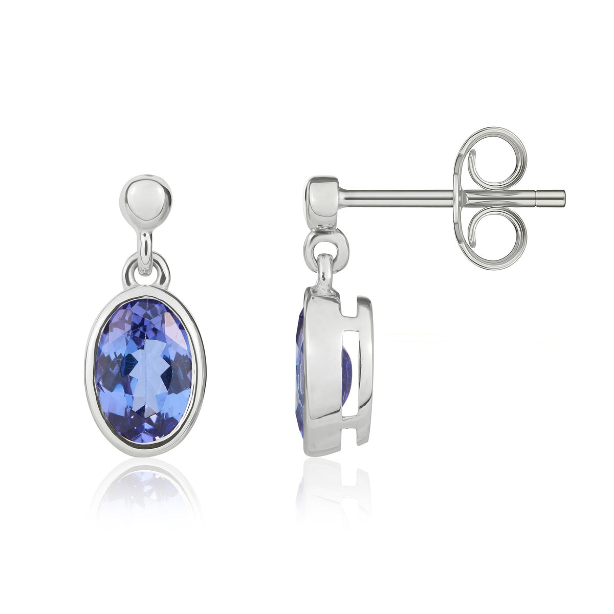 9CT WG 7X5MM OVAL TANZANITE RUBOVER DROP EARRINGS WITH BEAD TOP