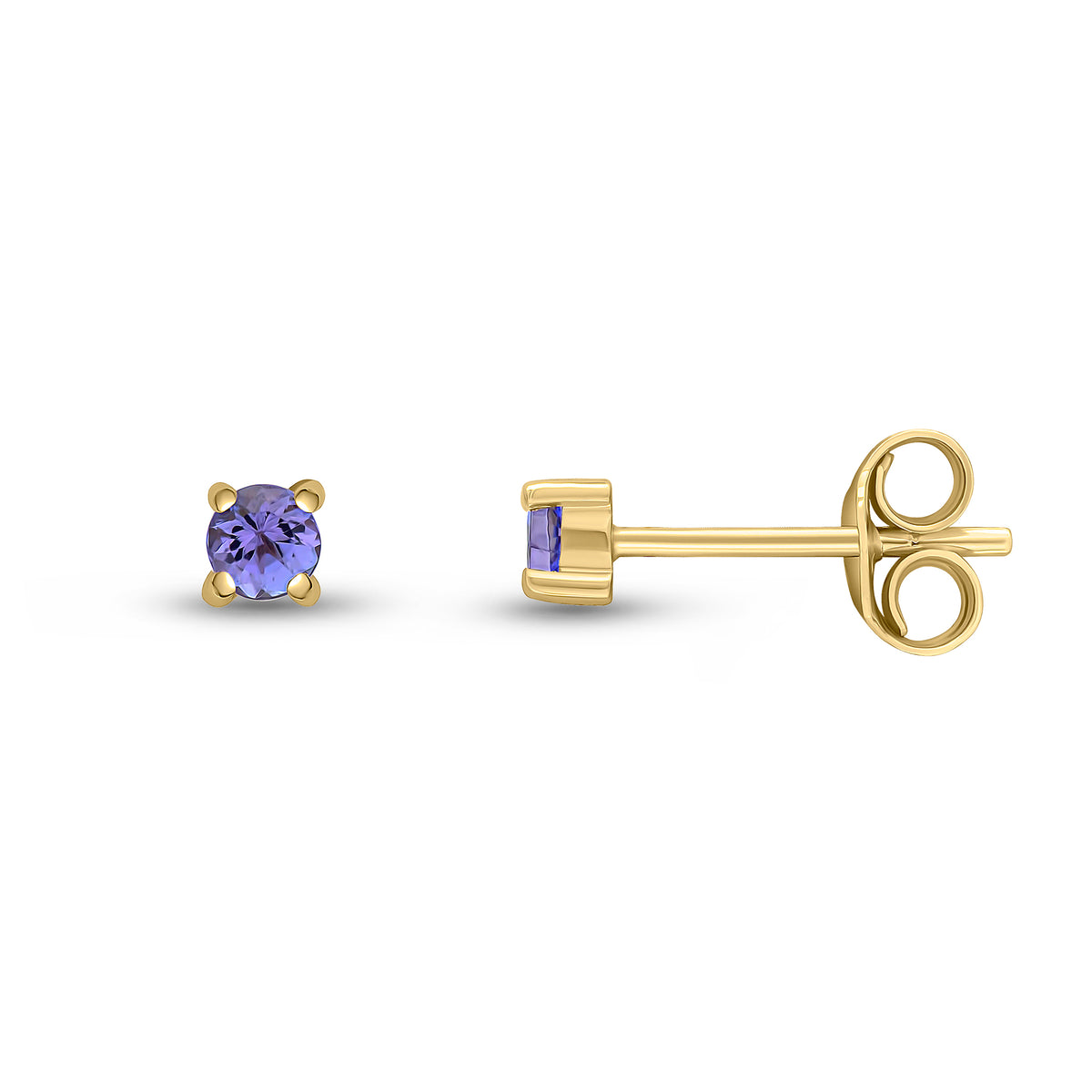9CT YG 3MM ROUND TANZANITE 4 CLAW STUD EARRINGS