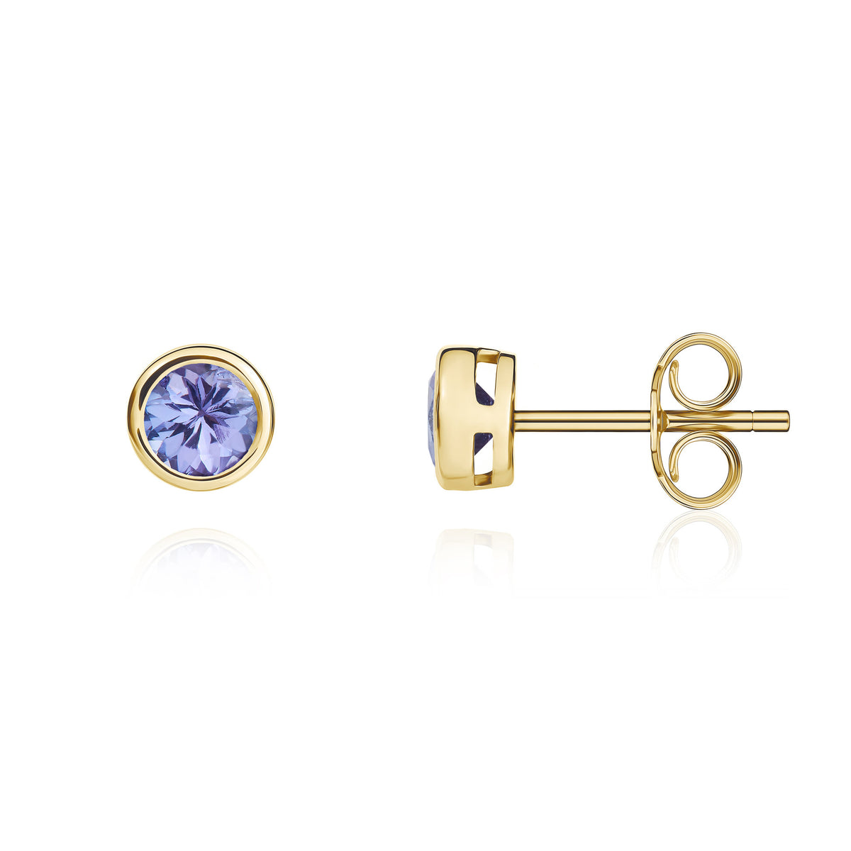 9CT YG 4MM ROUND TANZANITE RUBOVER STUD EARRINGS
