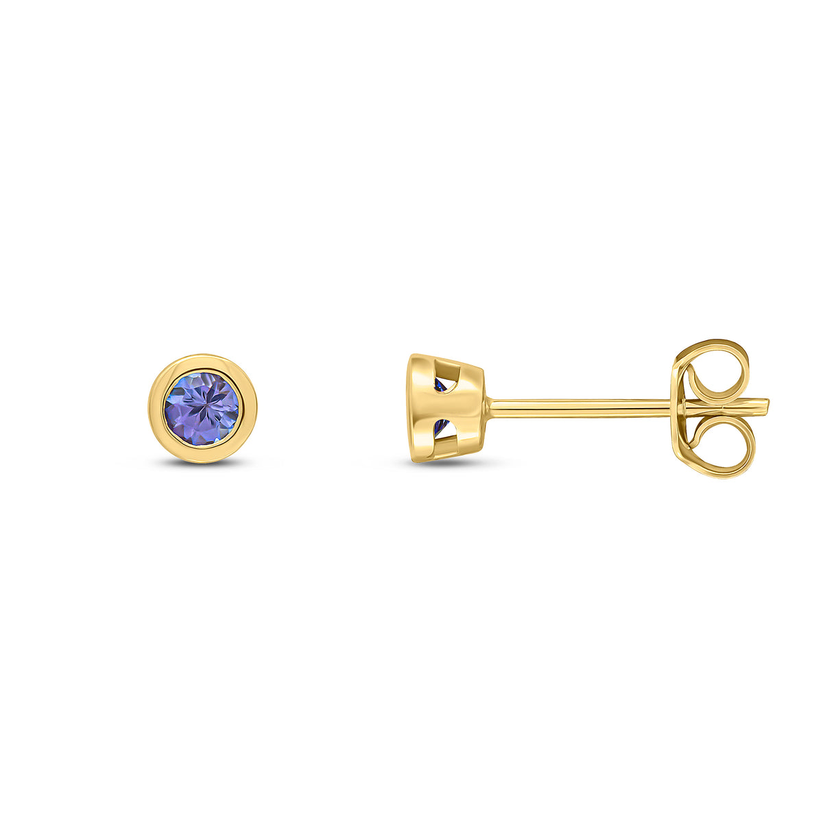 9CT YG 3MM ROUND TANZANITE RUBOVER EARRINGS