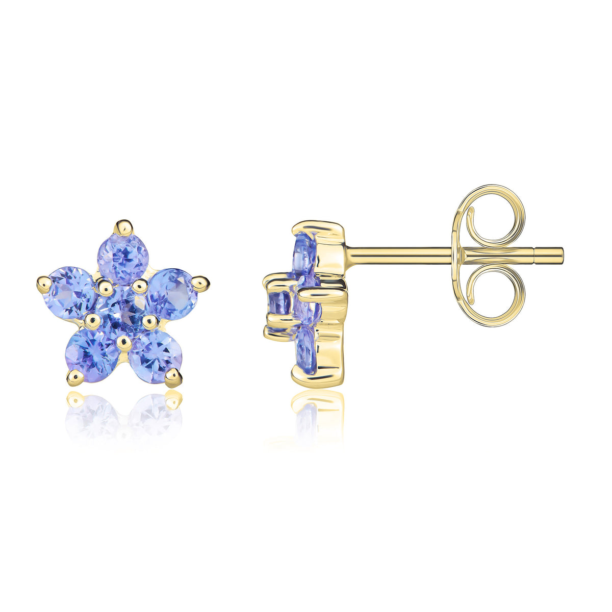 9CT YG 5X1 ROUND TANZANITE CLAW SET CLUSTER EARRINGS