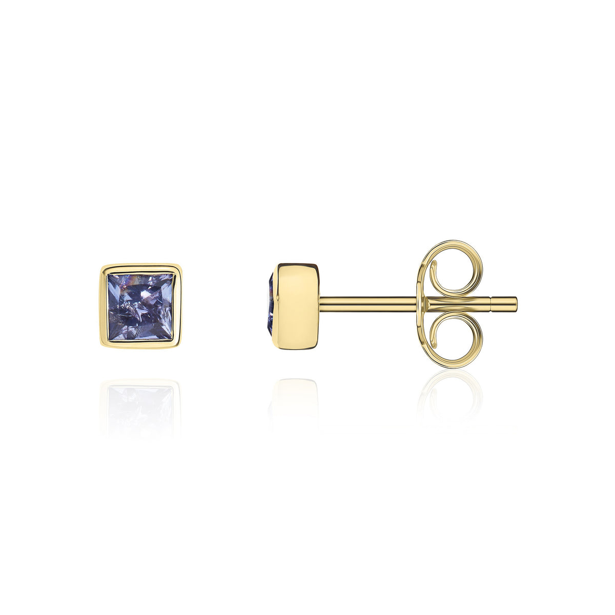9CT YG 3MM SQUARE TANZANITE RUBOVER SET EARRINGS