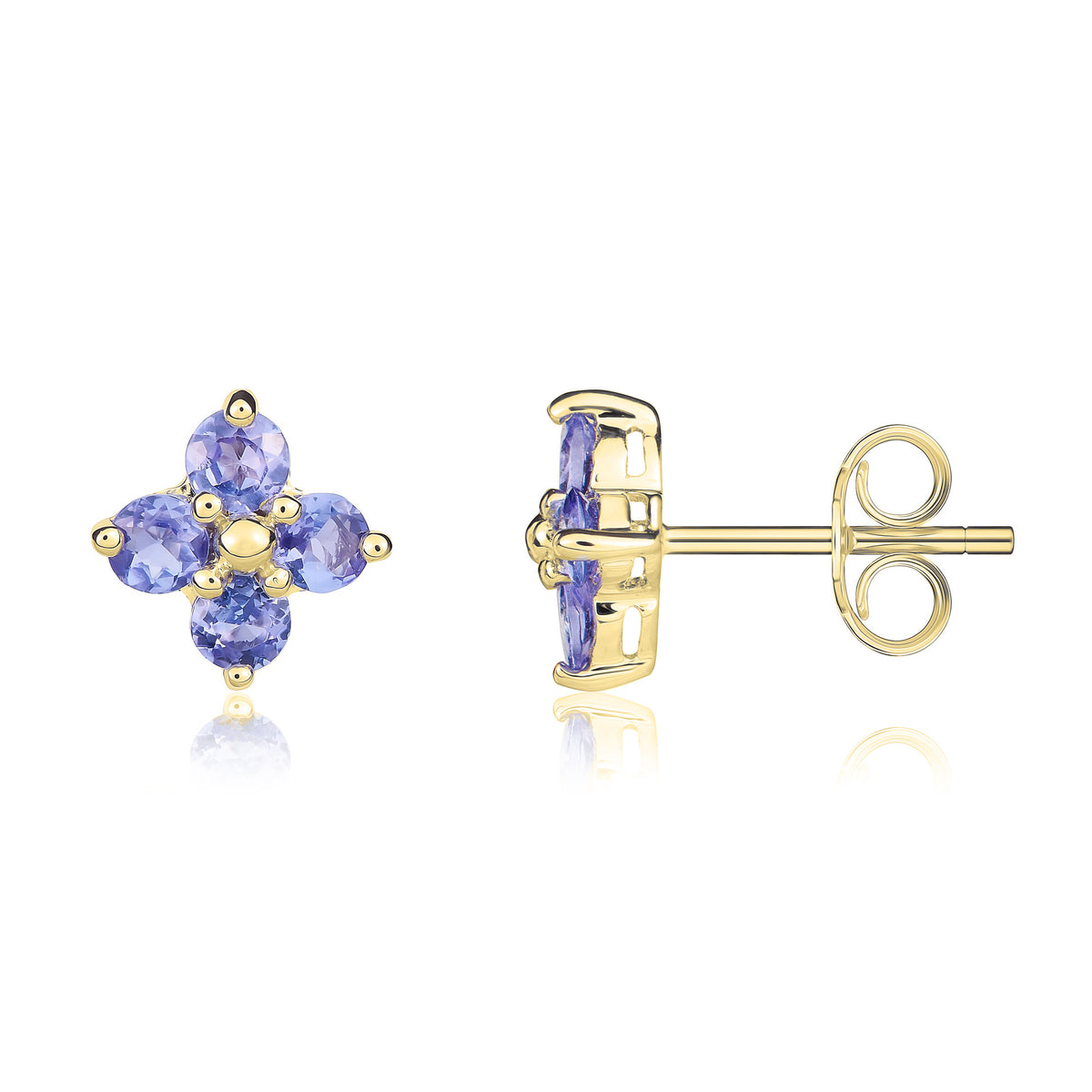 9CT YG ROUND TANZANITE QUATREFOIL CLAW EARRINGS
