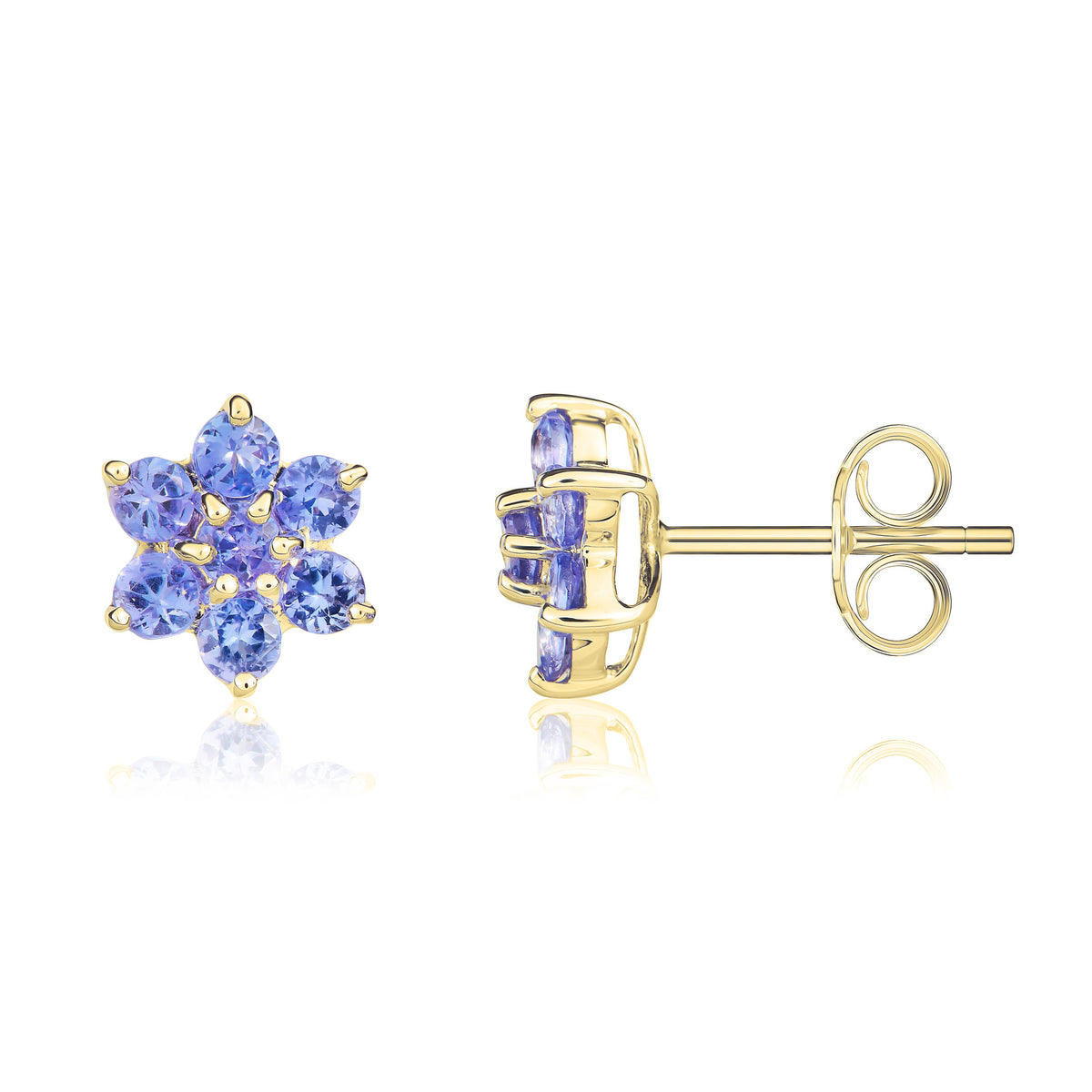 9CT YELLOW GOLD ROUND TANZANITE 6X1 CLAW CLUSTER EARRINGS